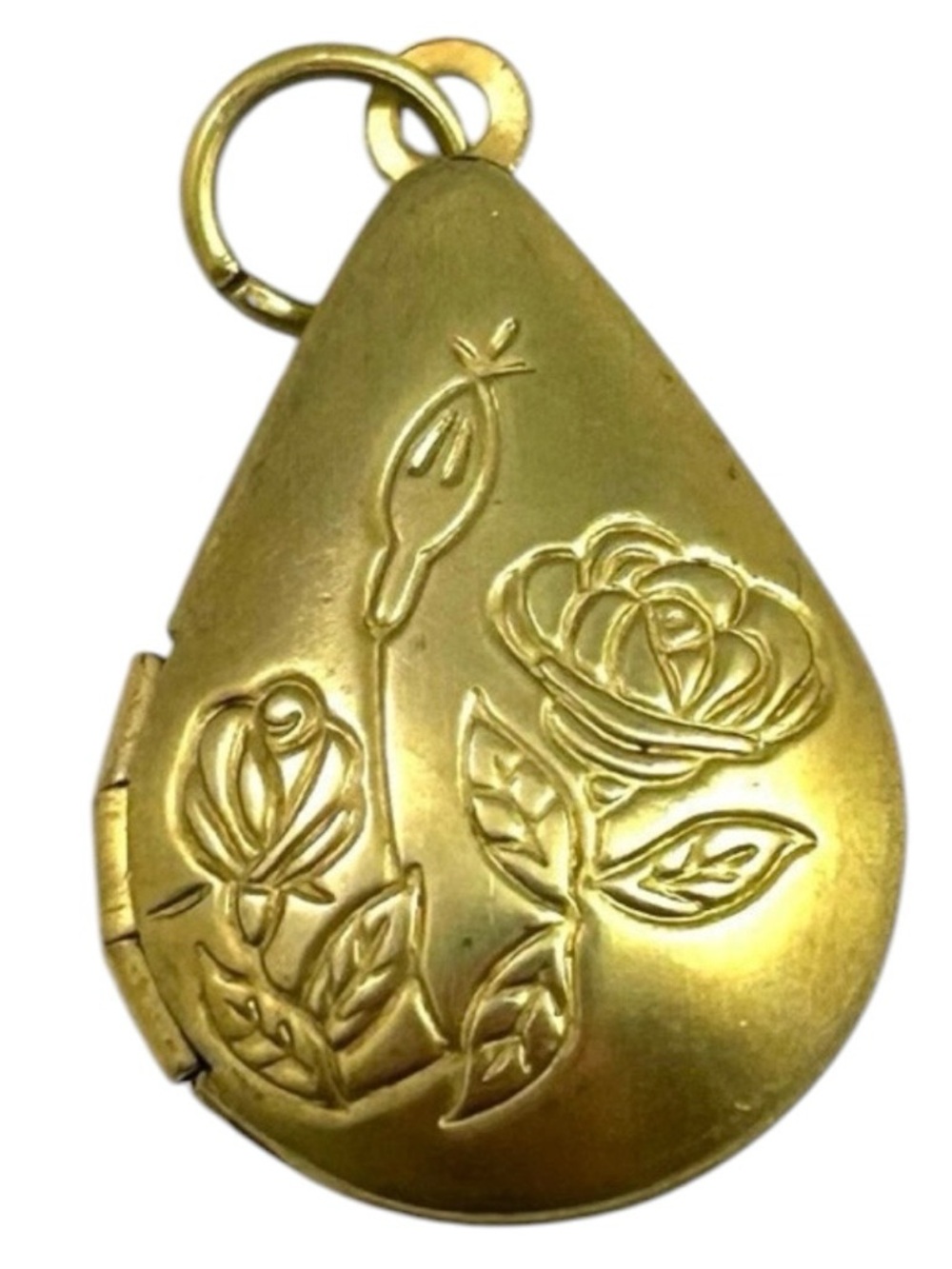 Vintage Raw Brass Filigree Rose Teardrop Locket Pendant,‎ 24mm x 20mm, Deadstock